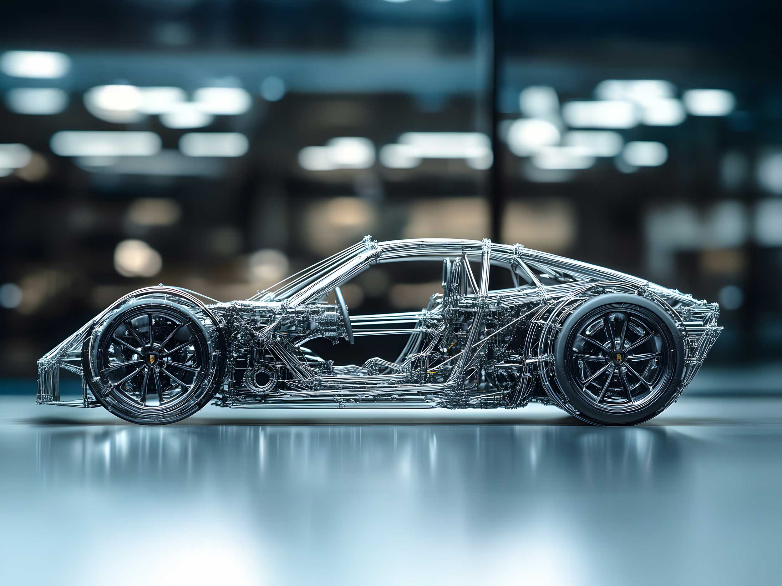 Side view of car showcasing the construction and inner working of it with burred background.