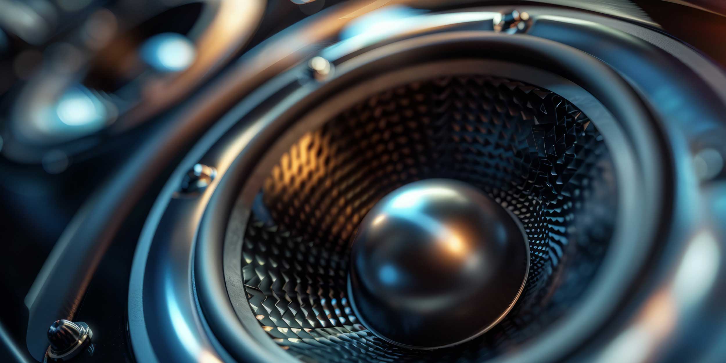Close up of speaker showing the details of design with a blurred background.