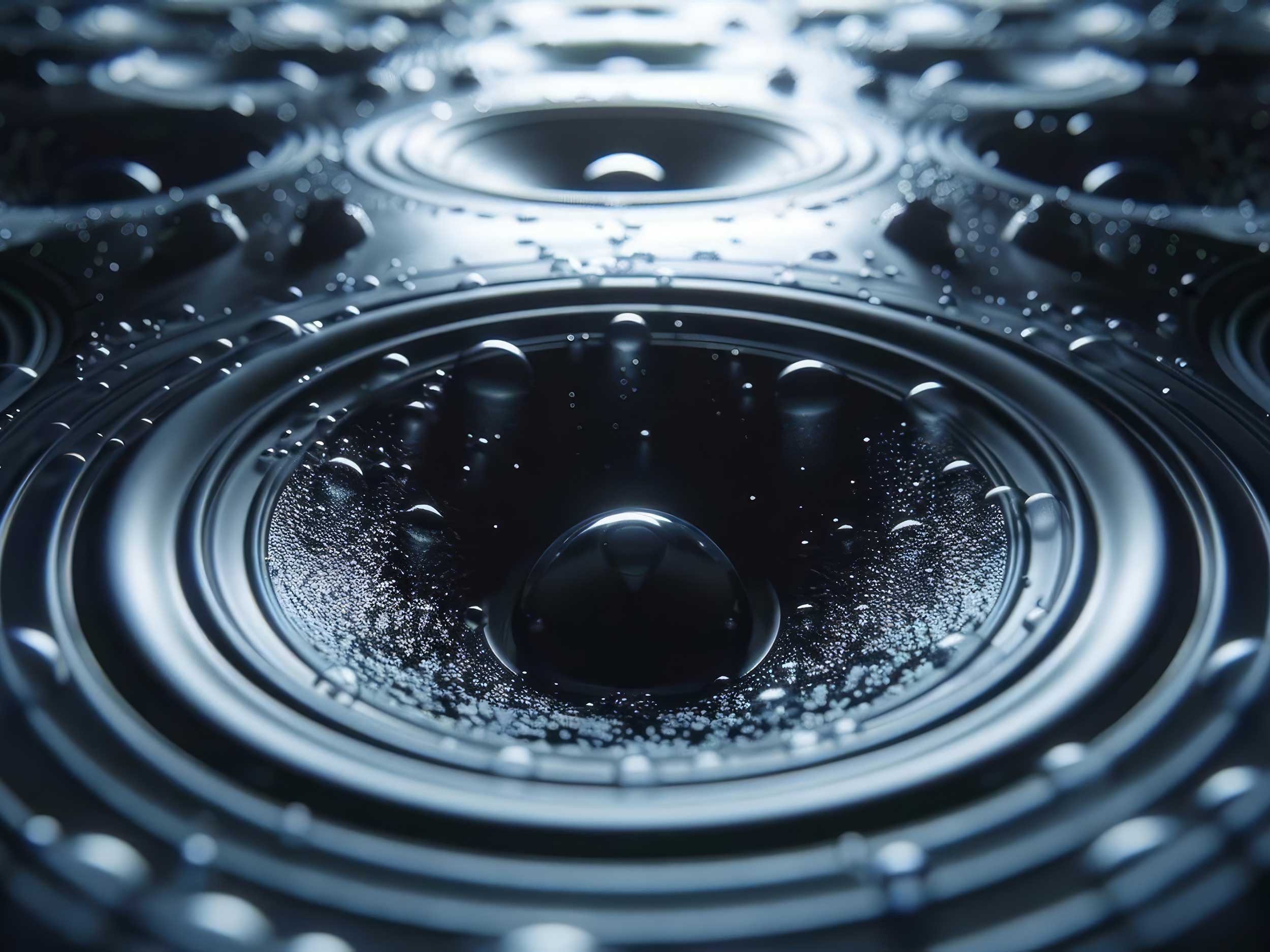 Close of speciality speaker with water on top moving from vibrations